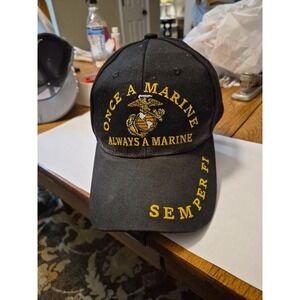 Once A Marine Baseball Cap Hat One Size Adjustable Strap Black With Gold Letters
